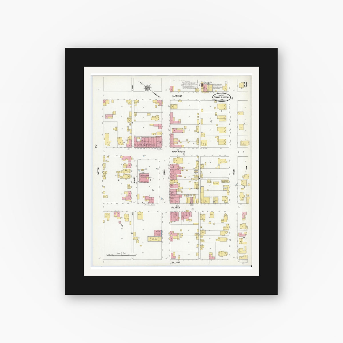 Old map wall art mockup — black gallery frame with white mat — Sanborn Fire Insurance Map from Charlestown, Clark County, Indiana (1911), Sheet #0003