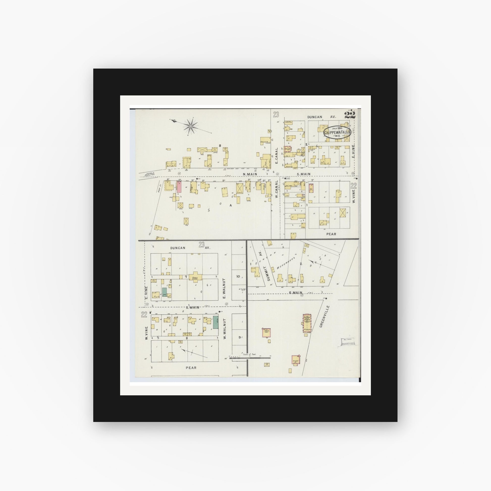 Old map wall art mockup — black gallery frame with white mat — Sanborn Fire Insurance Map from Chippewa Falls, Chippewa County, Wisconsin (1895), Sheet #0022