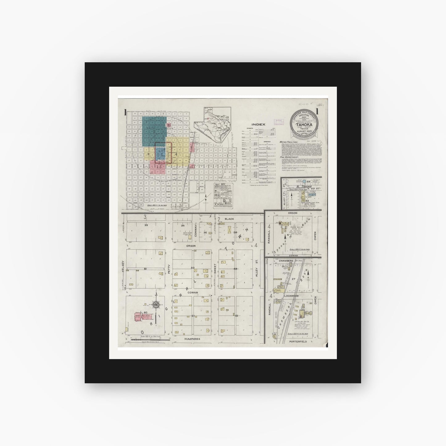 Old map wall art mockup — black gallery frame with white mat — Sanborn Fire Insurance Map from Tahoka, Lynn County, Texas (1925), Sheet #0001