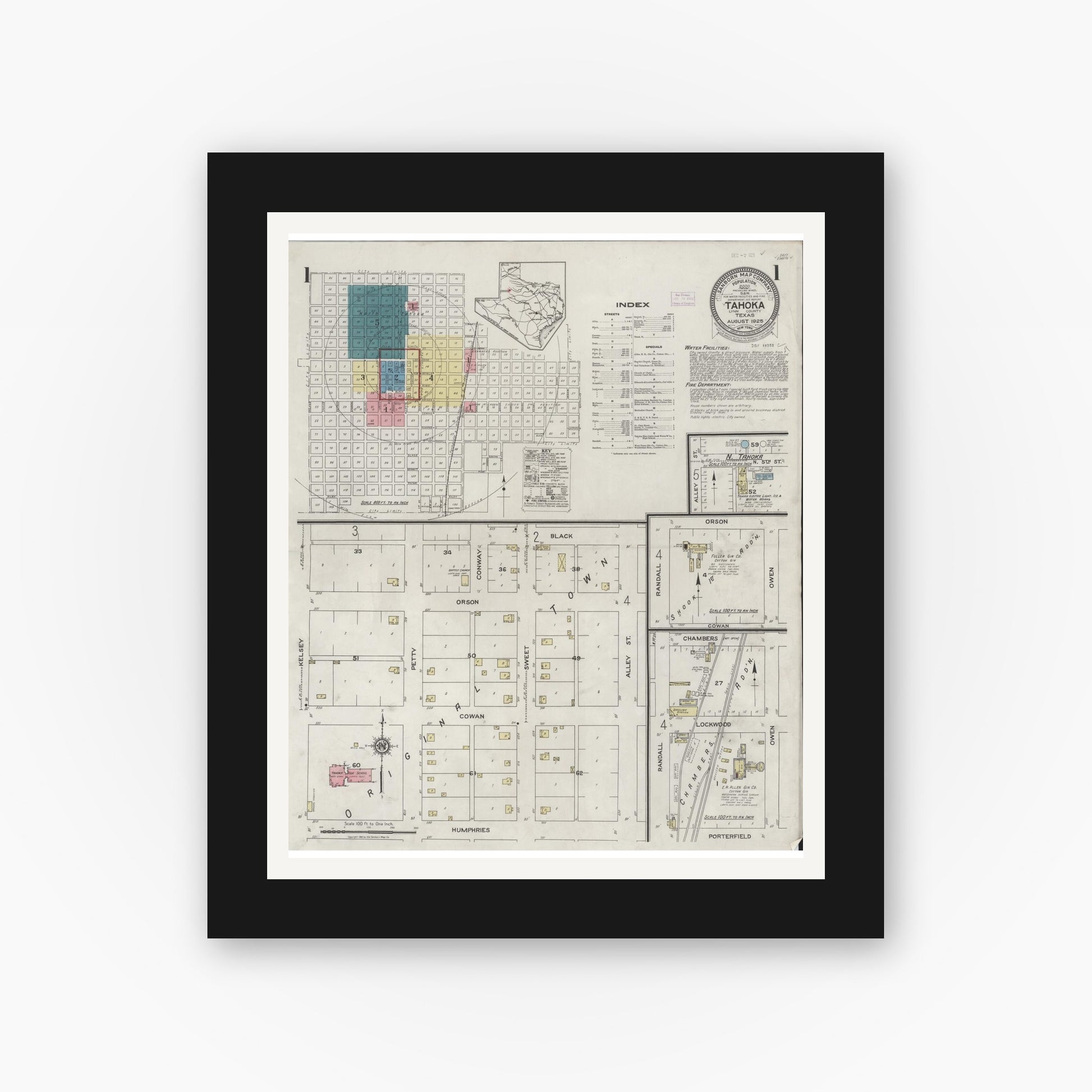 Old map wall art mockup — black gallery frame with white mat — Sanborn Fire Insurance Map from Tahoka, Lynn County, Texas (1925), Sheet #0001