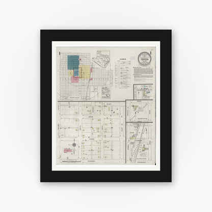 Old map wall art mockup — black gallery frame with white mat — Sanborn Fire Insurance Map from Tahoka, Lynn County, Texas (1925), Sheet #0001