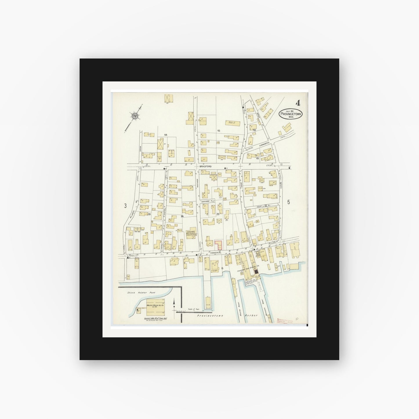 Old map wall art mockup — black gallery frame with white mat — Sanborn Fire Insurance Map from Provincetown, Barnstable County, Massachusetts (1912), Sheet #0004
