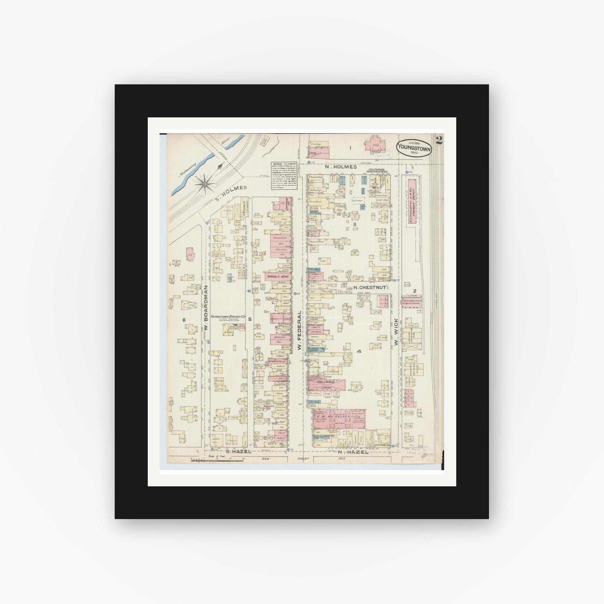 Old map wall art mockup — black gallery frame with white mat — Sanborn Fire Insurance Map from Youngstown, Mahoning County, Ohio (1884), Sheet #0002