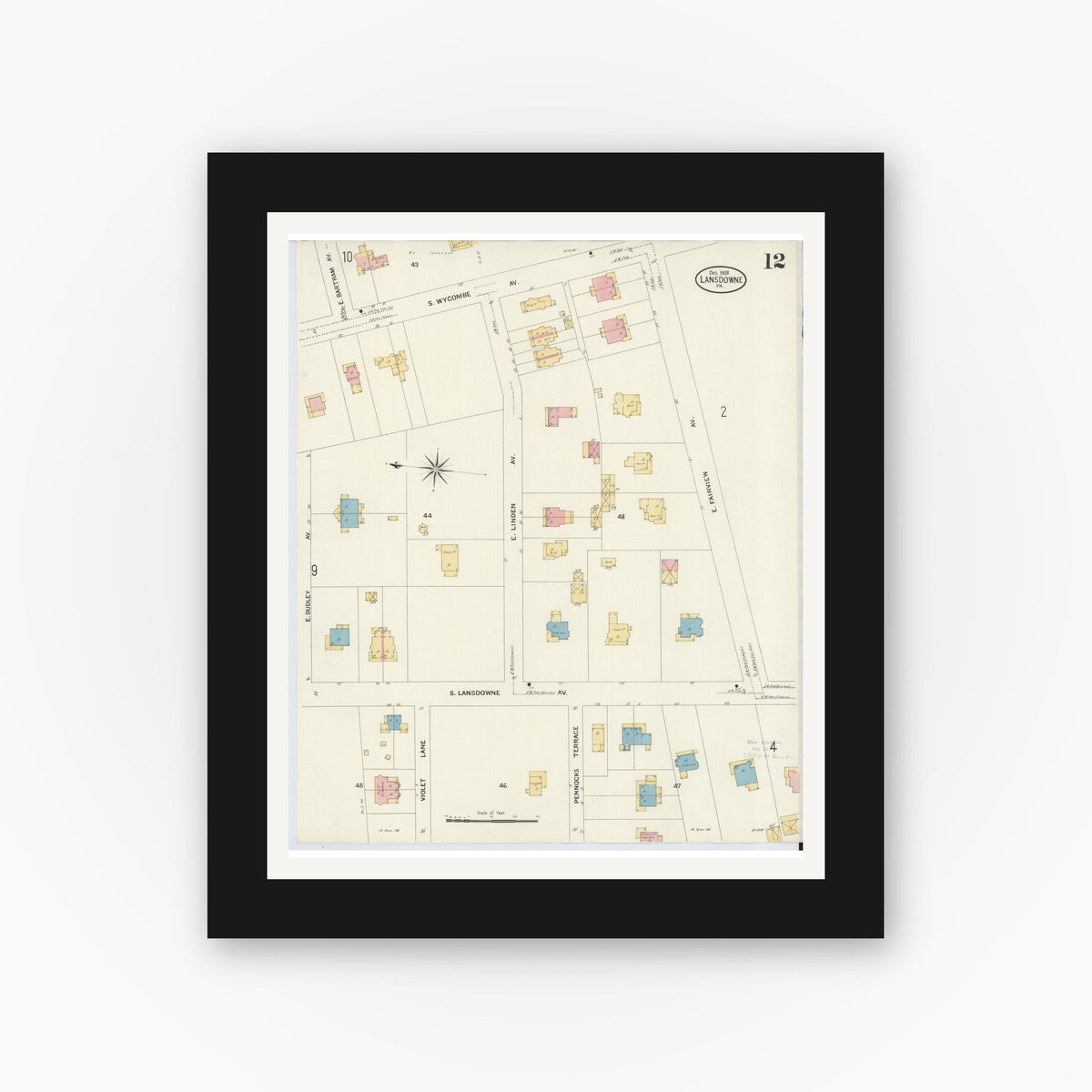 Old map wall art mockup — black gallery frame with white mat — Sanborn Fire Insurance Map from Lansdowne, Delaware County, Pennsylvania (1908), Sheet #0012