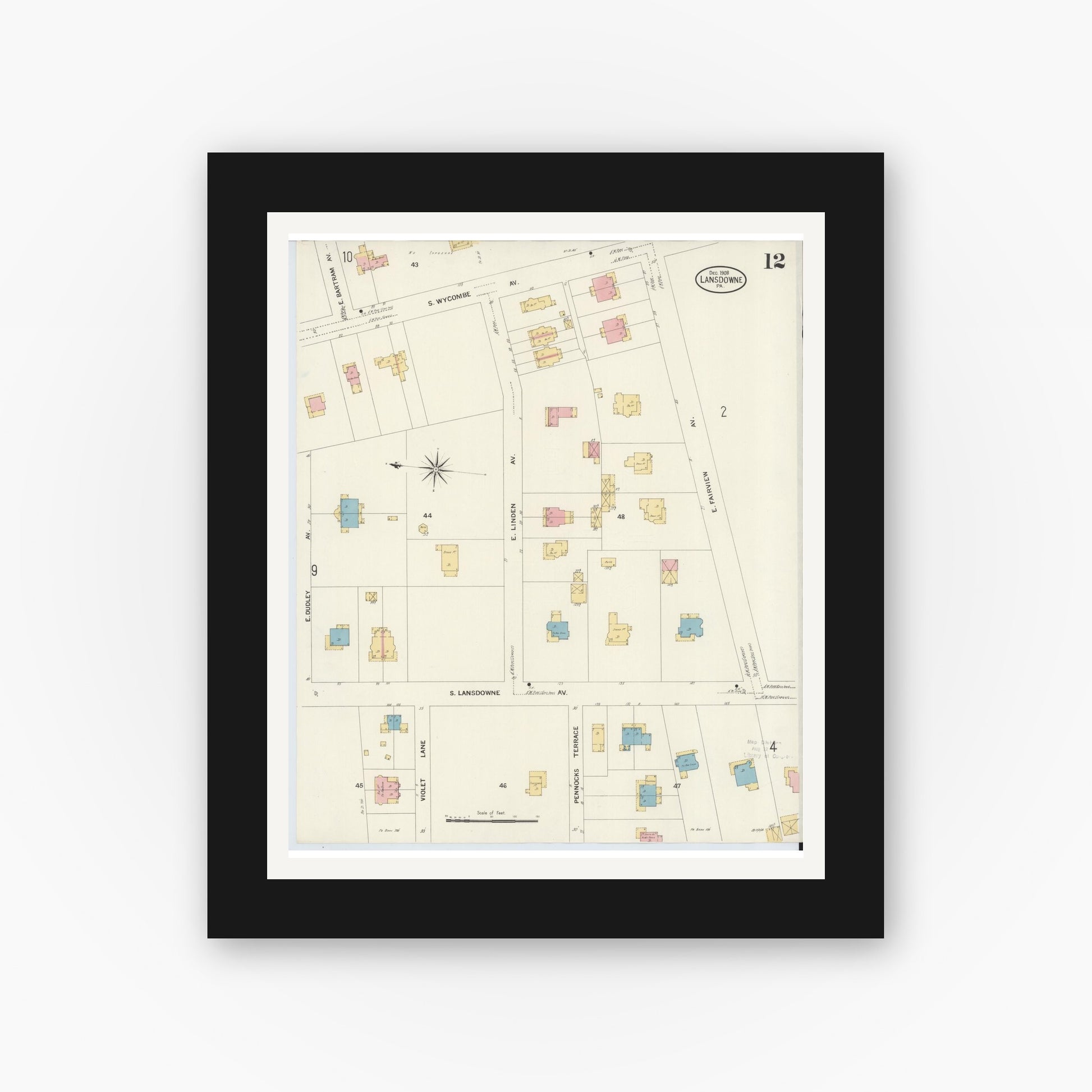 Old map wall art mockup — black gallery frame with white mat — Sanborn Fire Insurance Map from Lansdowne, Delaware County, Pennsylvania (1908), Sheet #0012