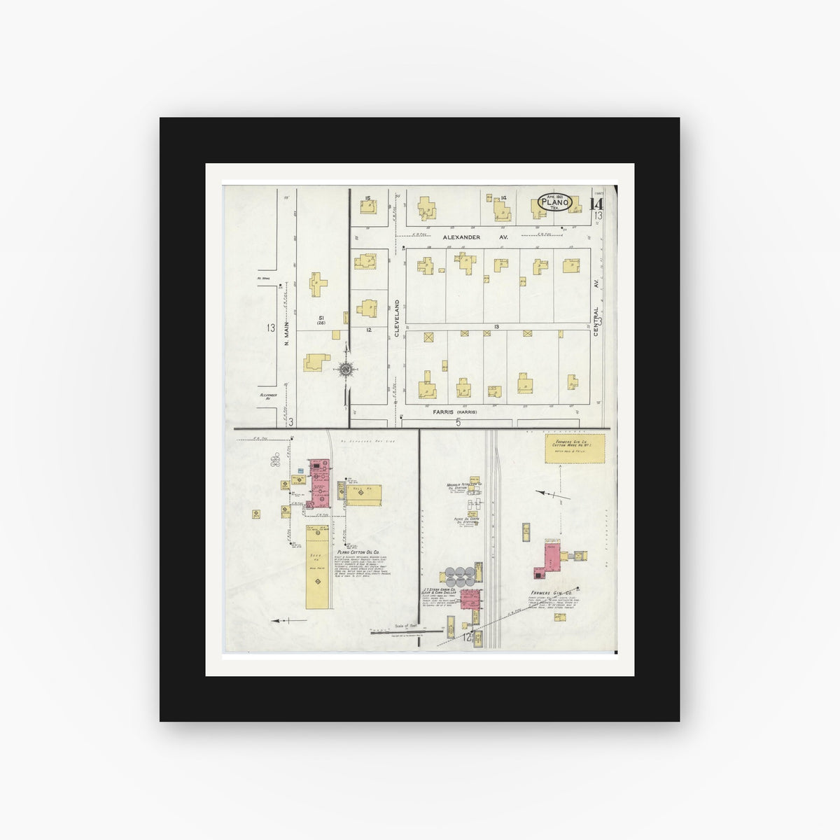 Old map wall art mockup — black gallery frame with white mat — Sanborn Fire Insurance Map from Plano, Collin County, Texas (1921), Sheet #0014
