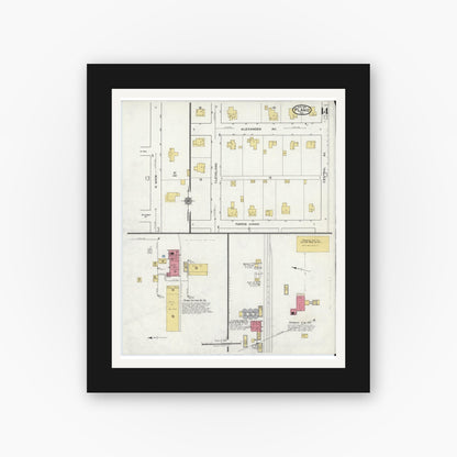Old map wall art mockup — black gallery frame with white mat — Sanborn Fire Insurance Map from Plano, Collin County, Texas (1921), Sheet #0014