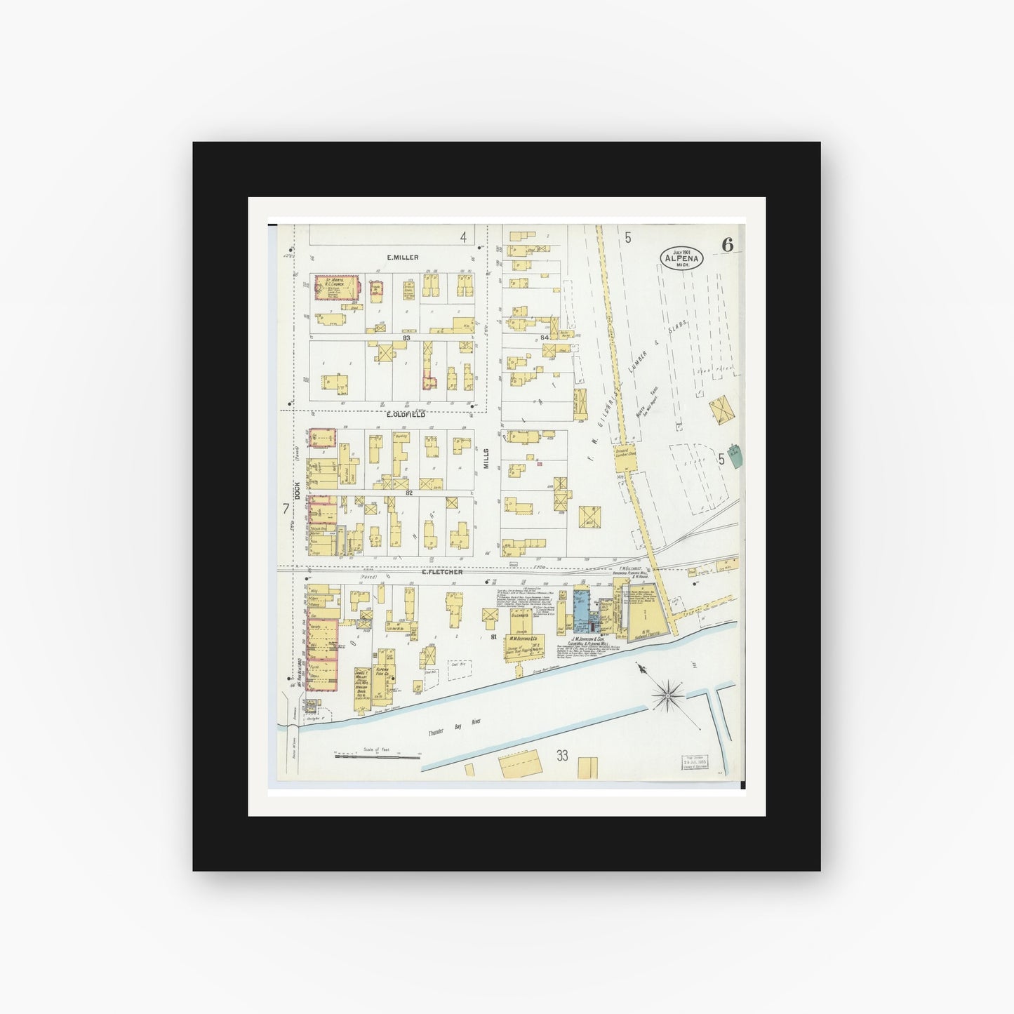 Old map wall art mockup — black gallery frame with white mat — Sanborn Fire Insurance Map from Alpena, Alpena County, Michigan (1901), Sheet #0006
