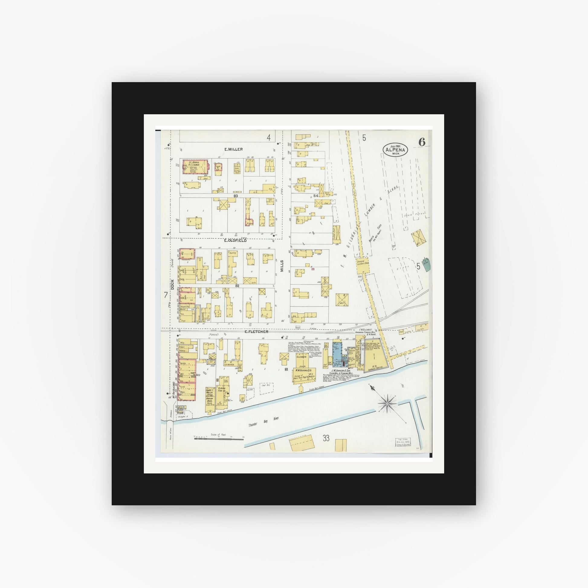 Old map wall art mockup — black gallery frame with white mat — Sanborn Fire Insurance Map from Alpena, Alpena County, Michigan (1901), Sheet #0006