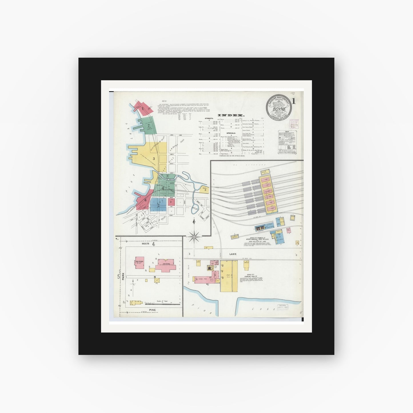 Old map wall art mockup — black gallery frame with white mat — Sanborn Fire Insurance Map from Boyne City, Charlevoix County, Michigan (1905), Sheet #0001