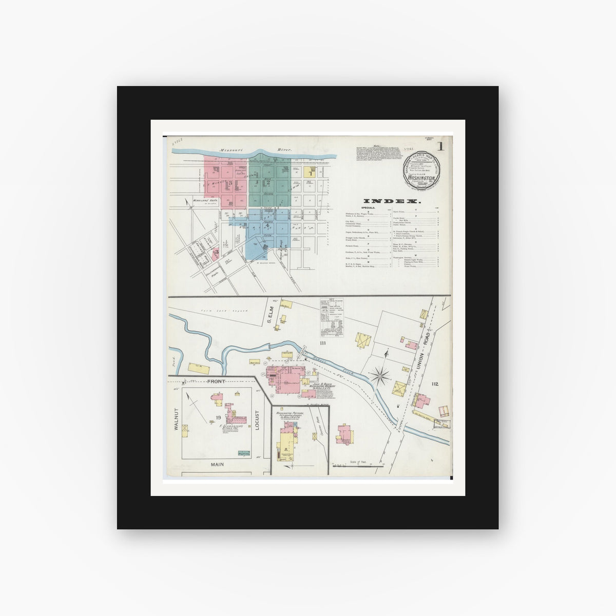 Old map wall art mockup — black gallery frame with white mat — Sanborn Fire Insurance Map from Washington, Franklin County, Missouri (1893), Sheet #0001