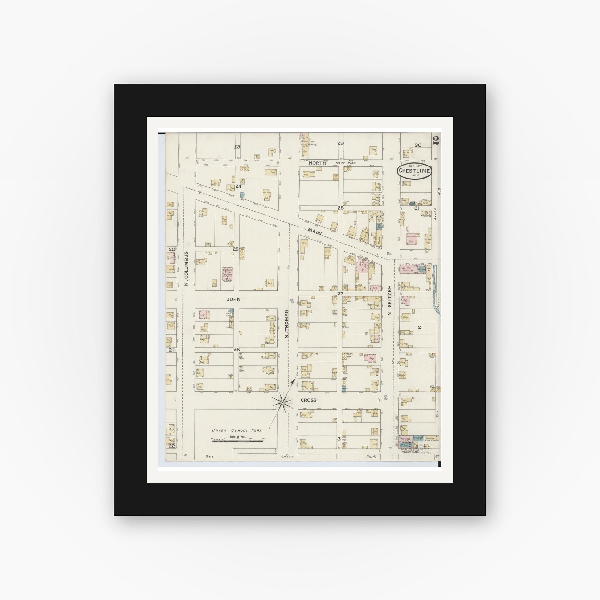 Old map wall art mockup — black gallery frame with white mat — Sanborn Fire Insurance Map from Crestline, Crawford County, Ohio (1887), Sheet #0002