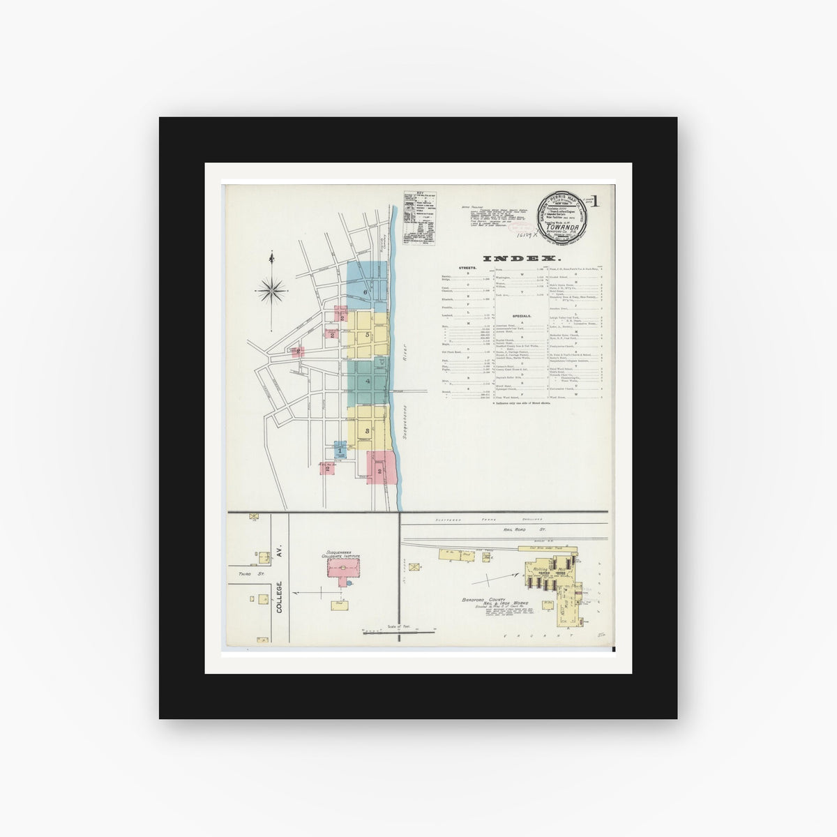 Old map wall art mockup — black gallery frame with white mat — Sanborn Fire Insurance Map from Towanda, Bradford County, Pennsylvania (1892) - Complete Map Set