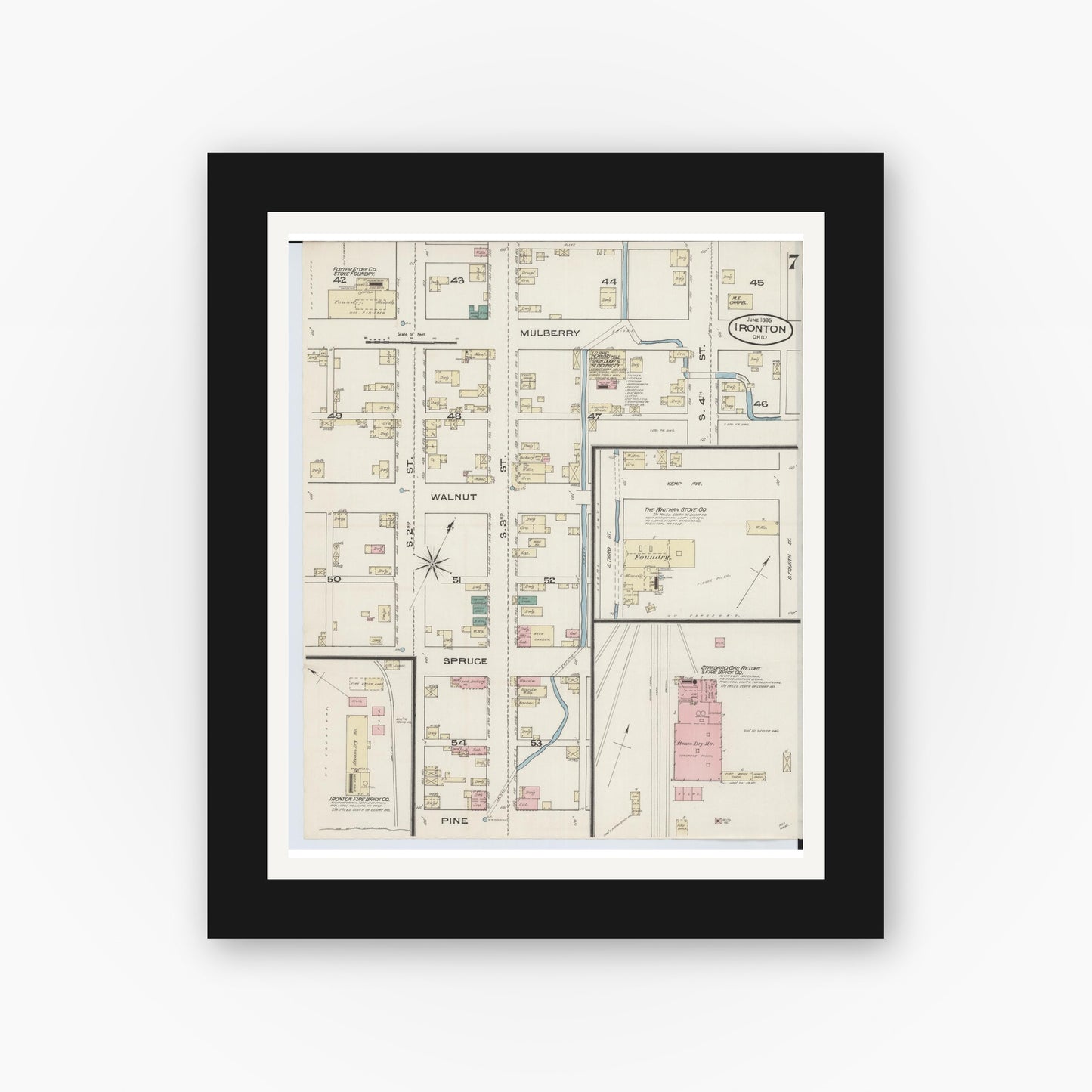 Old map wall art mockup — black gallery frame with white mat — Sanborn Fire Insurance Map from Ironton, Lawrence County, Ohio (1885), Sheet #0007