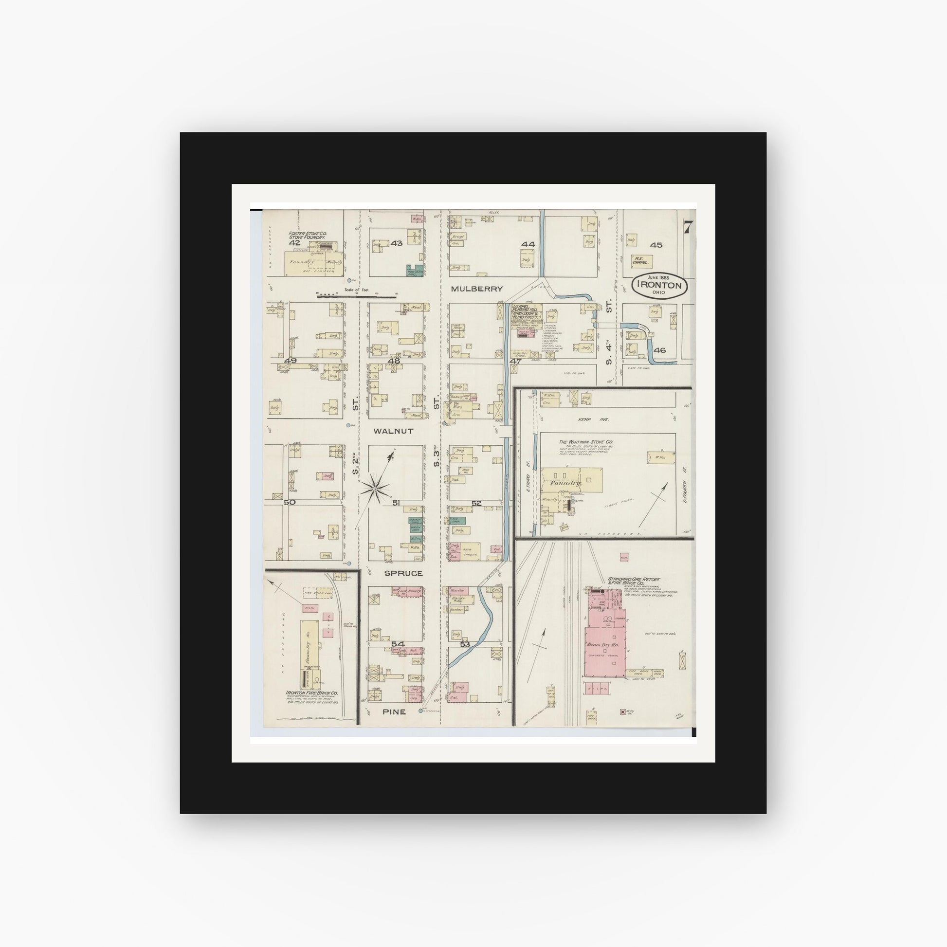 Old map wall art mockup — black gallery frame with white mat — Sanborn Fire Insurance Map from Ironton, Lawrence County, Ohio (1885), Sheet #0007