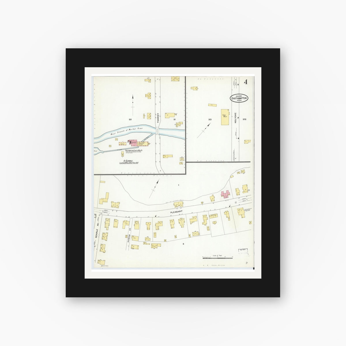 Old map wall art mockup — black gallery frame with white mat — Sanborn Fire Insurance Map from East Hampton, Hampshire County, Massachusetts (1910), Sheet #0004