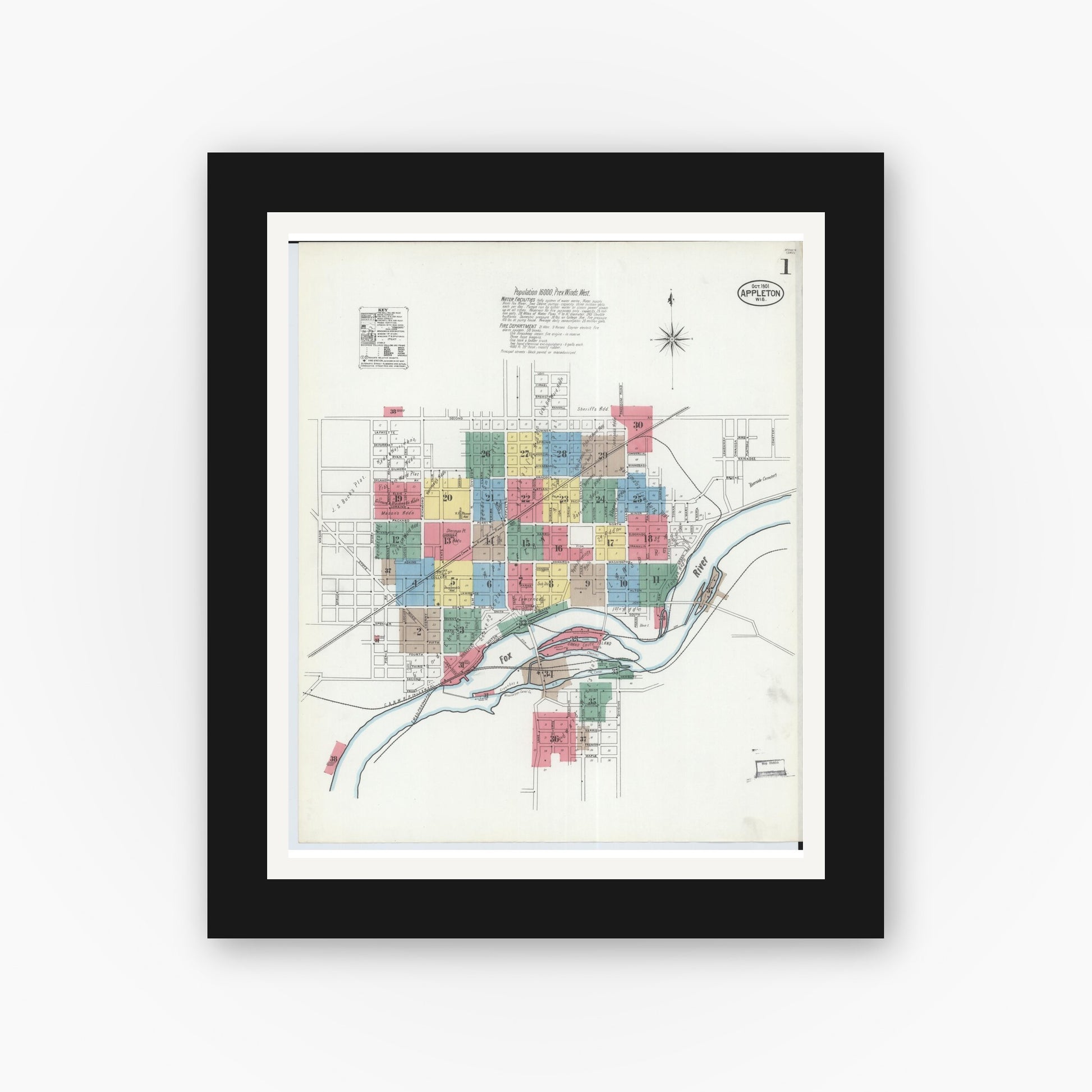 Old map wall art mockup — black gallery frame with white mat — Sanborn Fire Insurance Map from Appleton, Outagamie County, Wisconsin (1901), Sheet #0001