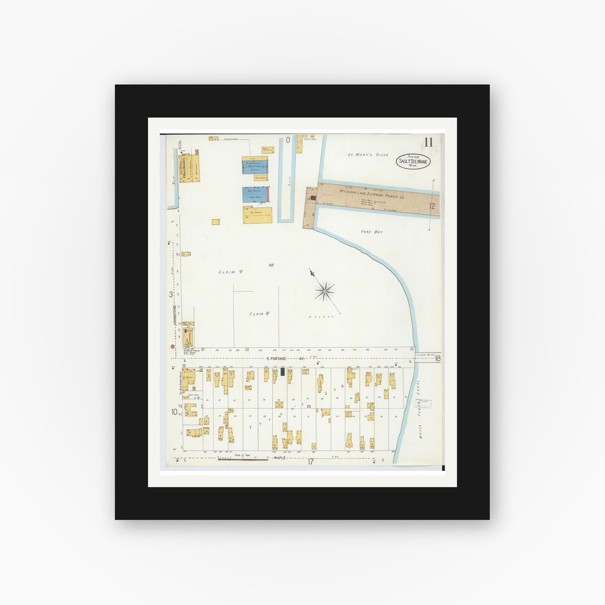 Old map wall art mockup — black gallery frame with white mat — Sanborn Fire Insurance Map from Sault Sainte Marie, Chippewa County, Michigan (1906), Sheet #0011