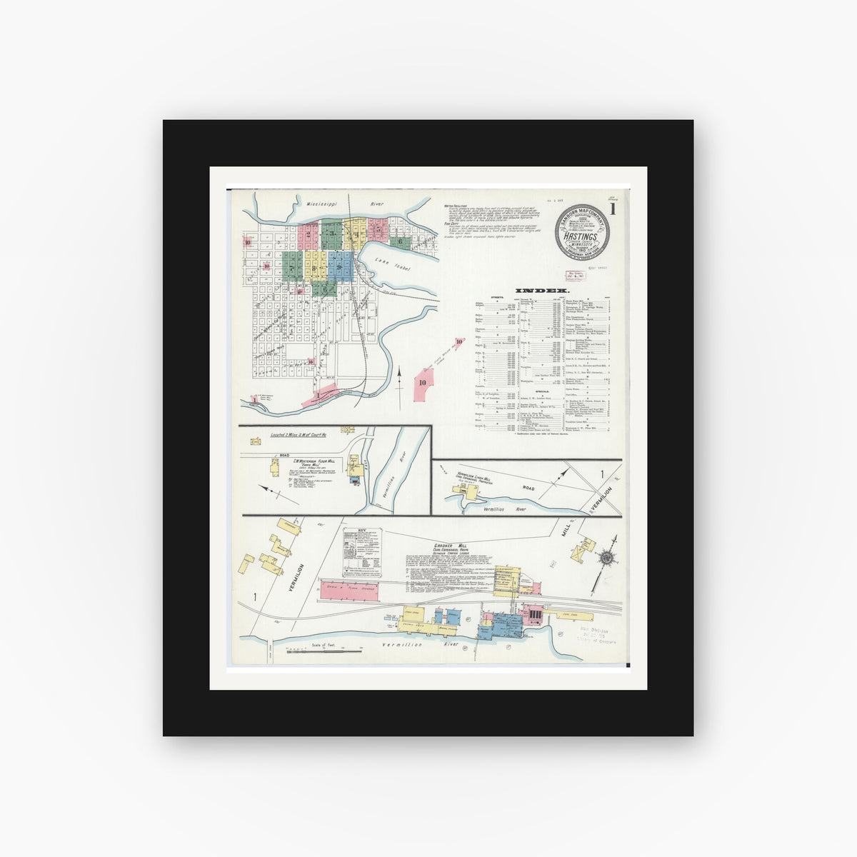 Old map wall art mockup — black gallery frame with white mat — Sanborn Fire Insurance Map from Hastings, Dakota County, Minnesota (1910), Sheet #0001