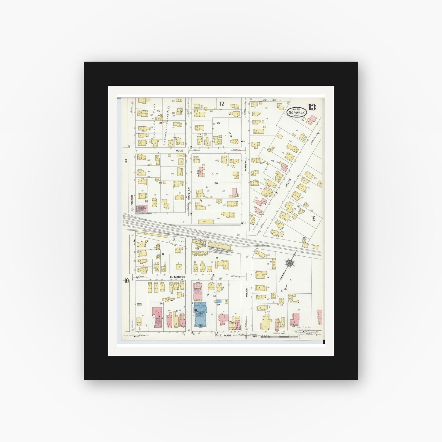 Old map wall art mockup — black gallery frame with white mat — Sanborn Fire Insurance Map from Norwalk, Huron County, Ohio (1911), Sheet #0013