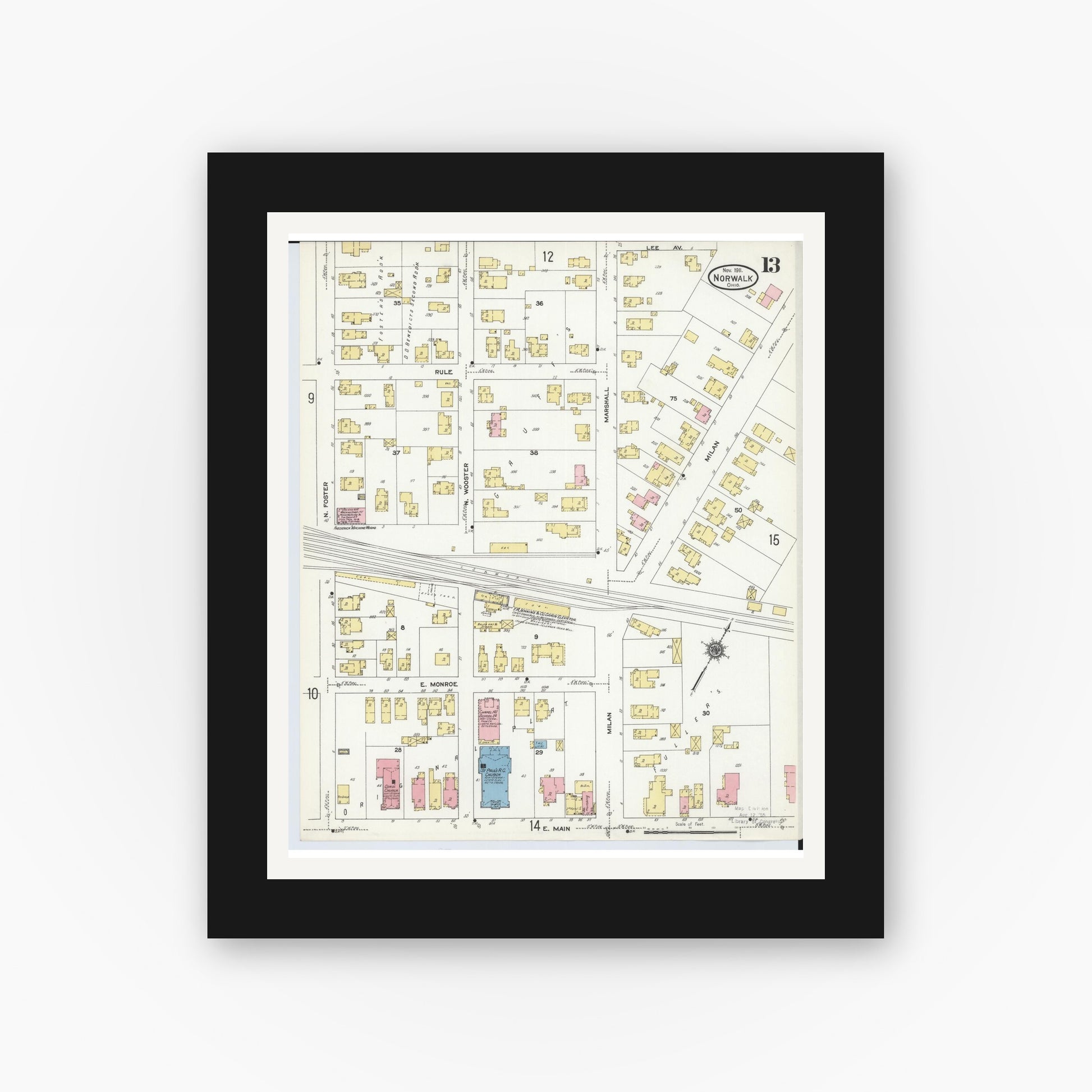 Old map wall art mockup — black gallery frame with white mat — Sanborn Fire Insurance Map from Norwalk, Huron County, Ohio (1911), Sheet #0013