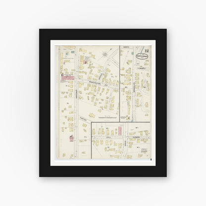 Old map wall art mockup — black gallery frame with white mat — Sanborn Fire Insurance Map from North Adams, Berkshire County, Massachusetts (1888), Sheet #0012