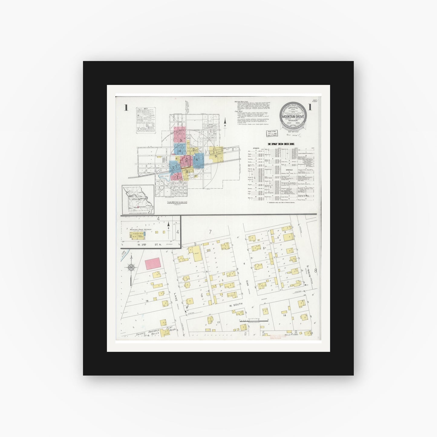Old map wall art mockup — black gallery frame with white mat — Sanborn Fire Insurance Map from Mountain Grove, Wright County, Missouri (1929), Sheet #0001