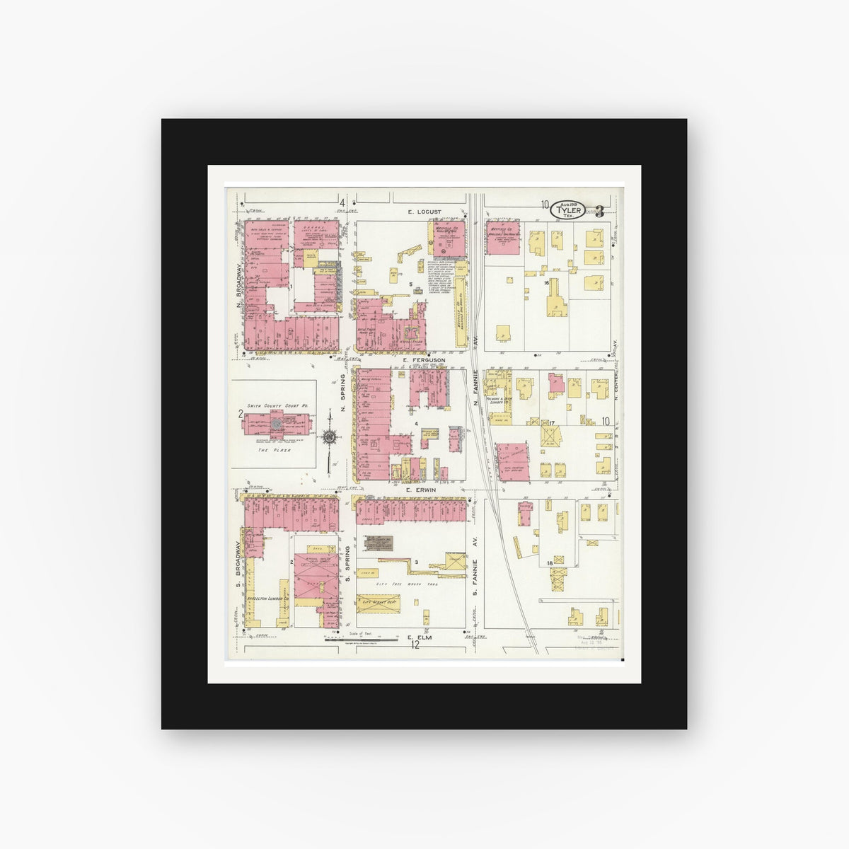 Old map wall art mockup — black gallery frame with white mat — Sanborn Fire Insurance Map from Tyler, Smith County, Texas (1919), Sheet #0003