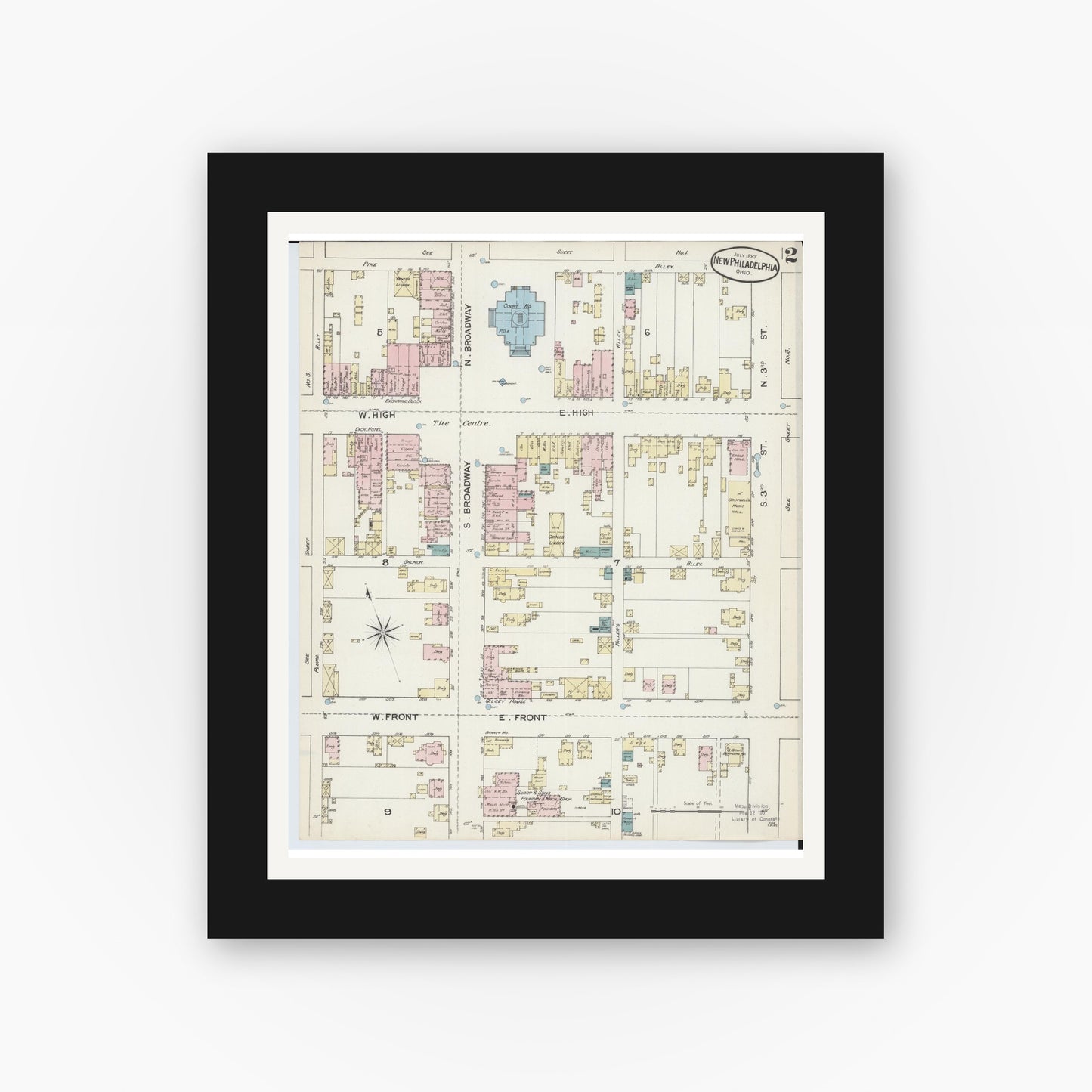 Old map wall art mockup — black gallery frame with white mat — Sanborn Fire Insurance Map from New Philadelphia, Tuscarawas County, Ohio (1887), Sheet #0002