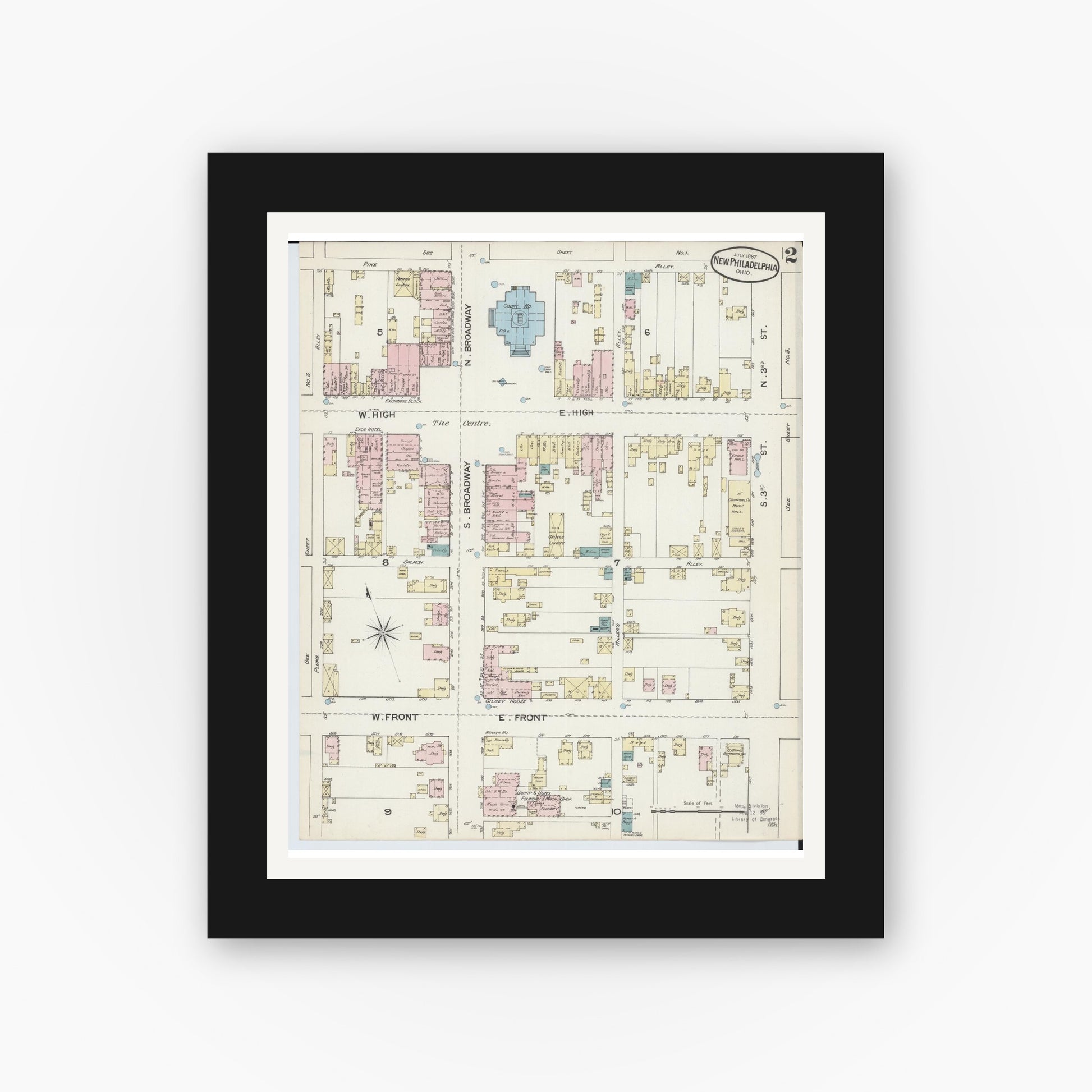 Old map wall art mockup — black gallery frame with white mat — Sanborn Fire Insurance Map from New Philadelphia, Tuscarawas County, Ohio (1887), Sheet #0002