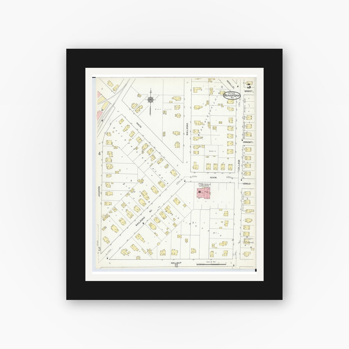 Old map wall art mockup — black gallery frame with white mat — Sanborn Fire Insurance Map from Beaver Dam, Dodge County, Wisconsin (1914), Sheet #0005