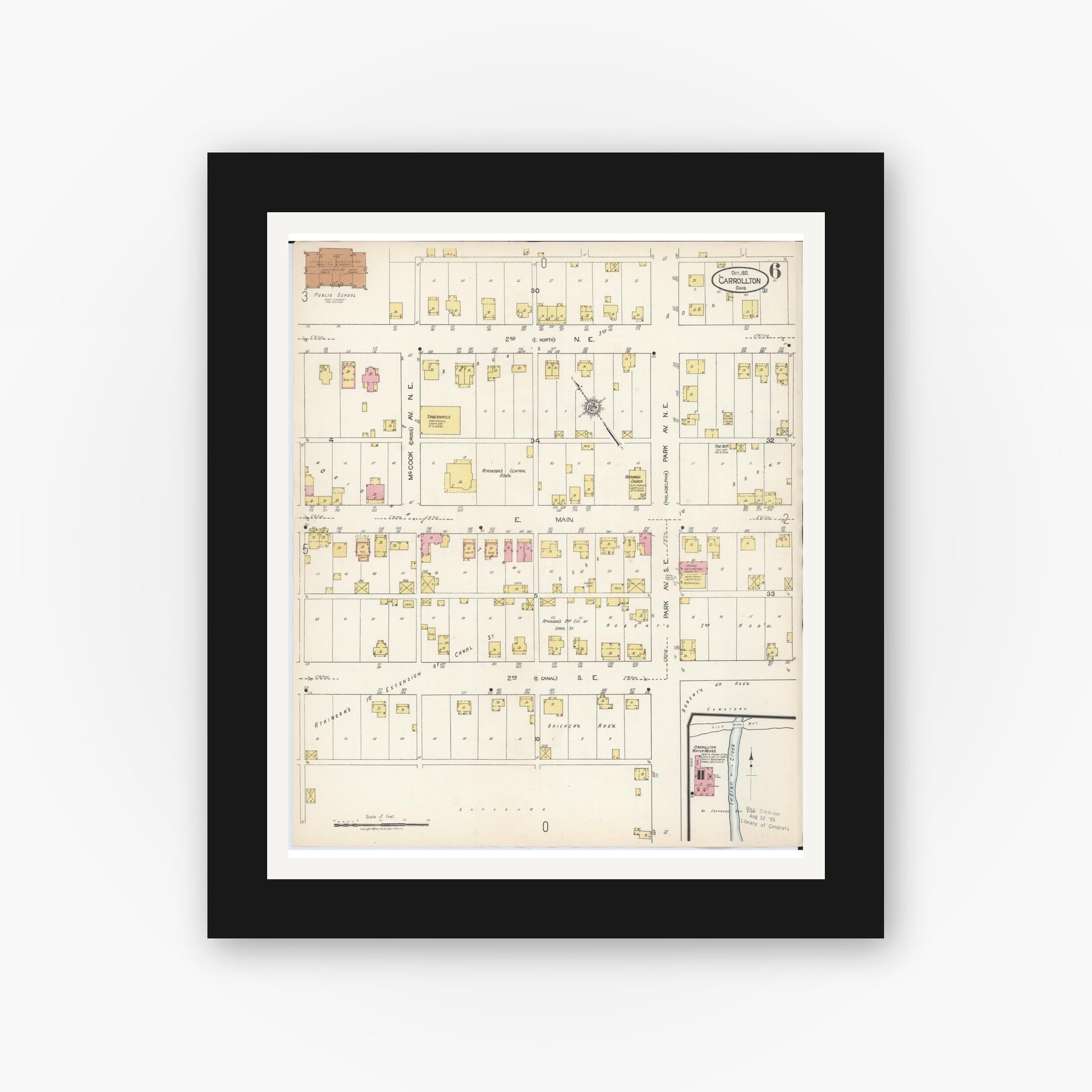 Old map wall art mockup — black gallery frame with white mat — Sanborn Fire Insurance Map from Carrollton, Carroll County, Ohio (1921), Sheet #0006