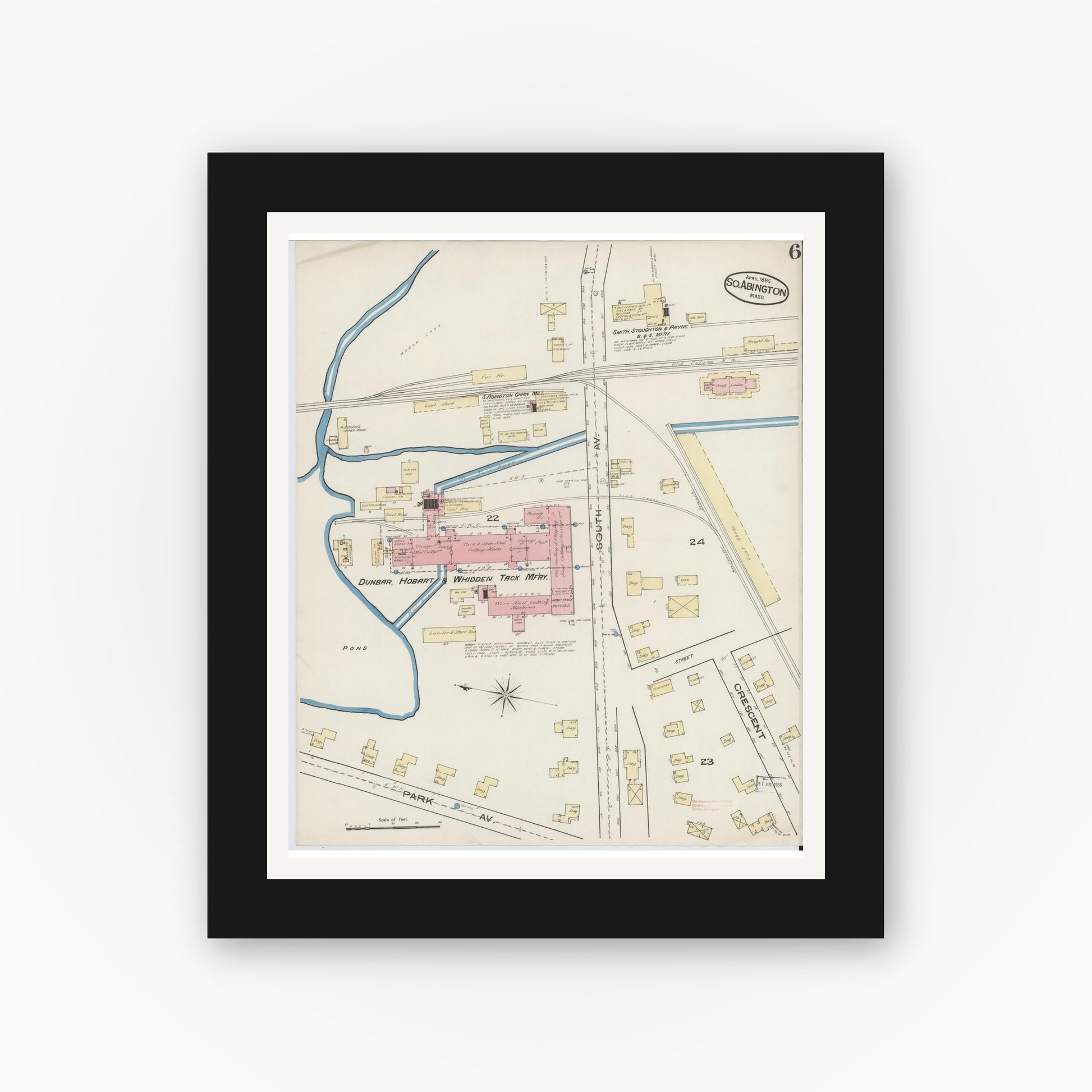 Old map wall art mockup — black gallery frame with white mat — Sanborn Fire Insurance Map from South Abington, Plymouth County, Massachusetts (1885), Sheet #0006