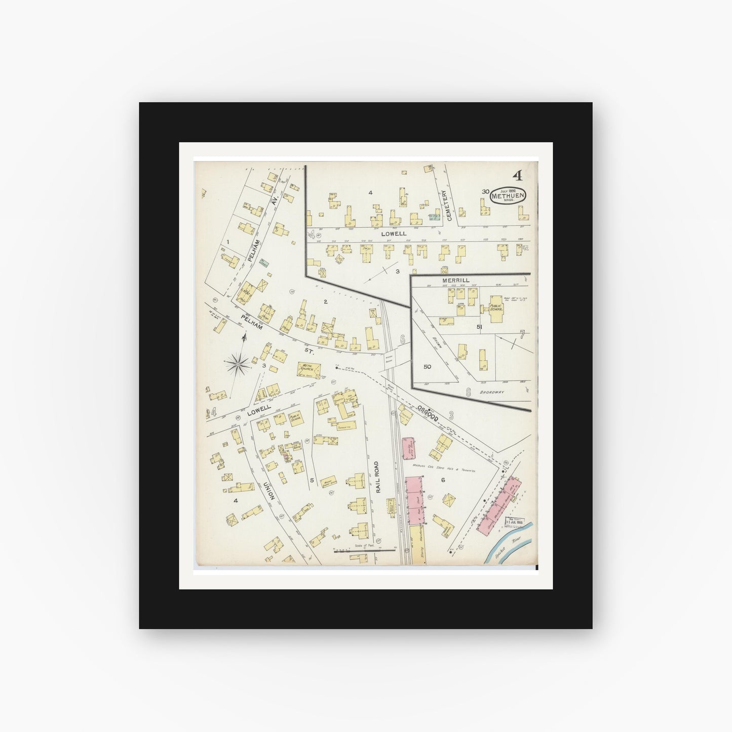 Old map wall art mockup — black gallery frame with white mat — Sanborn Fire Insurance Map from Methuen, Essex County, Massachusetts (1892), Sheet #0004