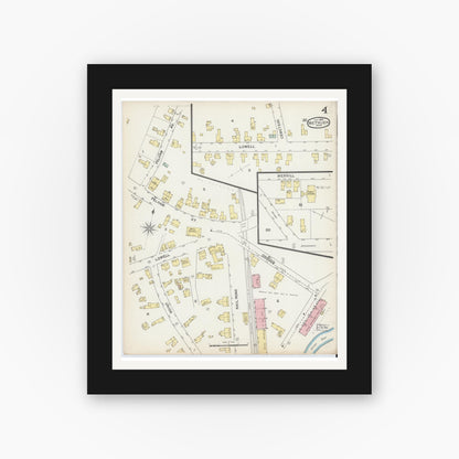 Old map wall art mockup — black gallery frame with white mat — Sanborn Fire Insurance Map from Methuen, Essex County, Massachusetts (1892), Sheet #0004