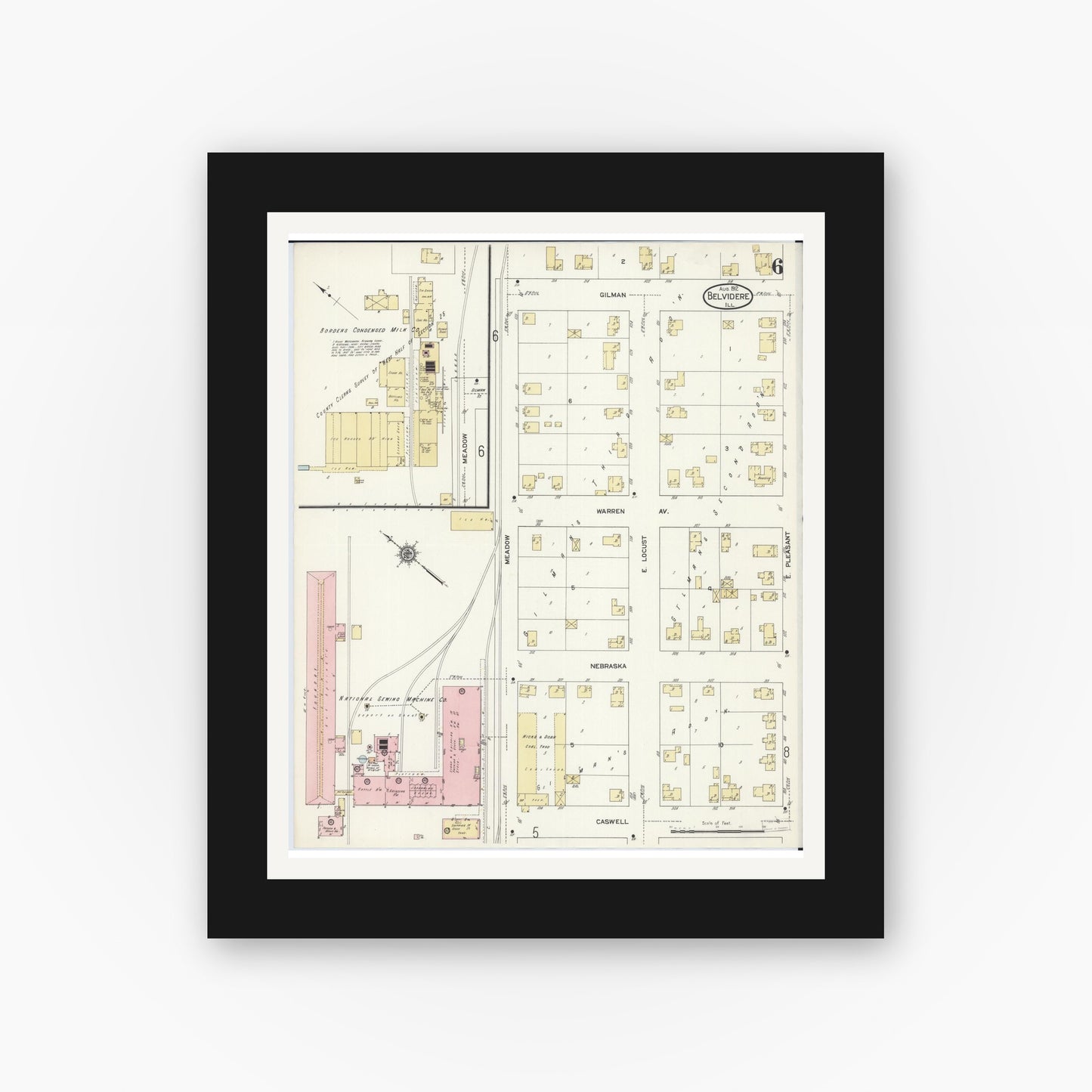 Old map wall art mockup — black gallery frame with white mat — Sanborn Fire Insurance Map from Belvidere, Boone County, Illinois (1912), Sheet #0006