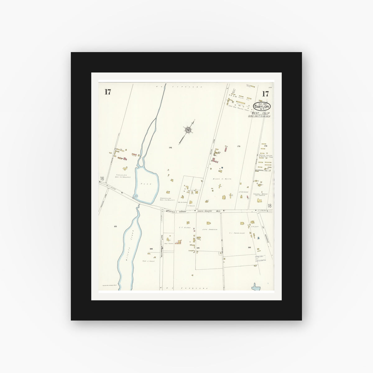 Old map wall art mockup — black gallery frame with white mat — Sanborn Fire Insurance Map from Babylon, Suffolk County, New York (1923), Sheet #0017