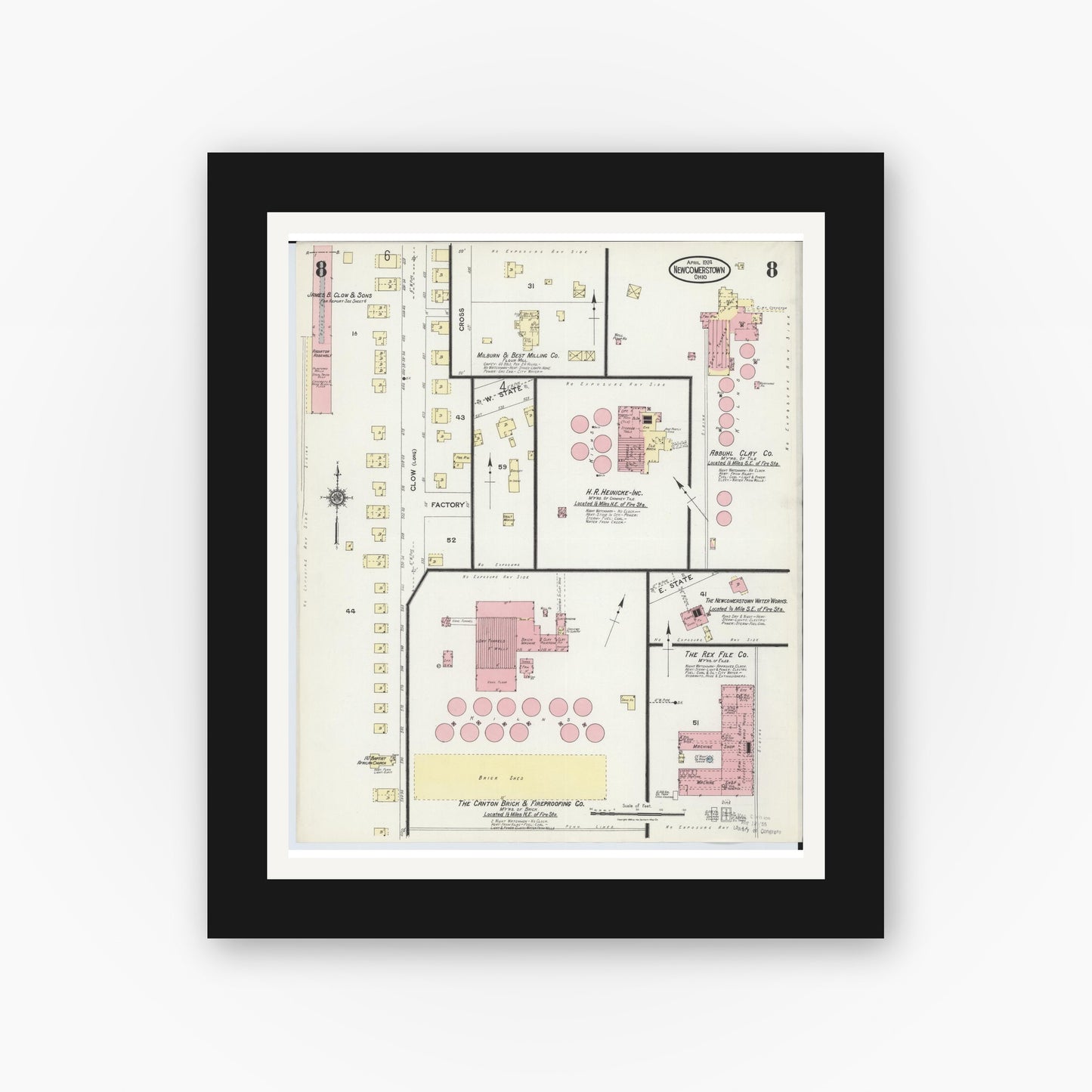 Old map wall art mockup — black gallery frame with white mat — Sanborn Fire Insurance Map from Newcomerstown, Tuscarawas County, Ohio (1924), Sheet #0008