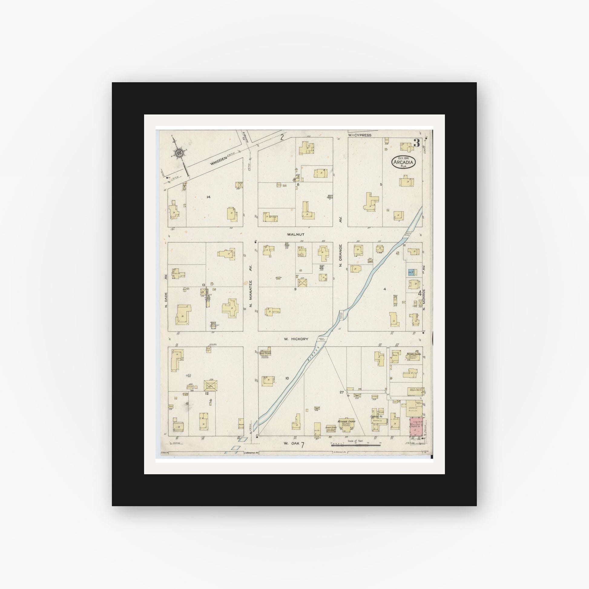 Old map wall art mockup — black gallery frame with white mat — Sanborn Fire Insurance Map from Arcadia, DeSoto County, Florida (1914), Sheet #0003