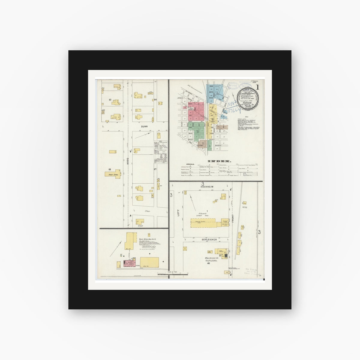 Old map wall art mockup — black gallery frame with white mat — Sanborn Fire Insurance Map from Yoakum, De Witt And Lavaca Counties, Texas (1898), Sheet #0001
