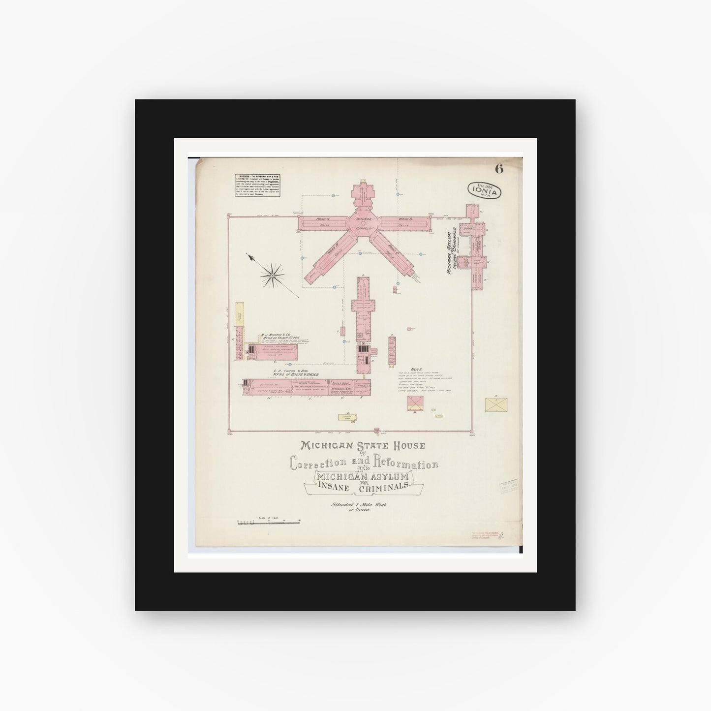 Old map wall art mockup — black gallery frame with white mat — Sanborn Fire Insurance Map from Ionia, Ionia County, Michigan (1884), Sheet #0006