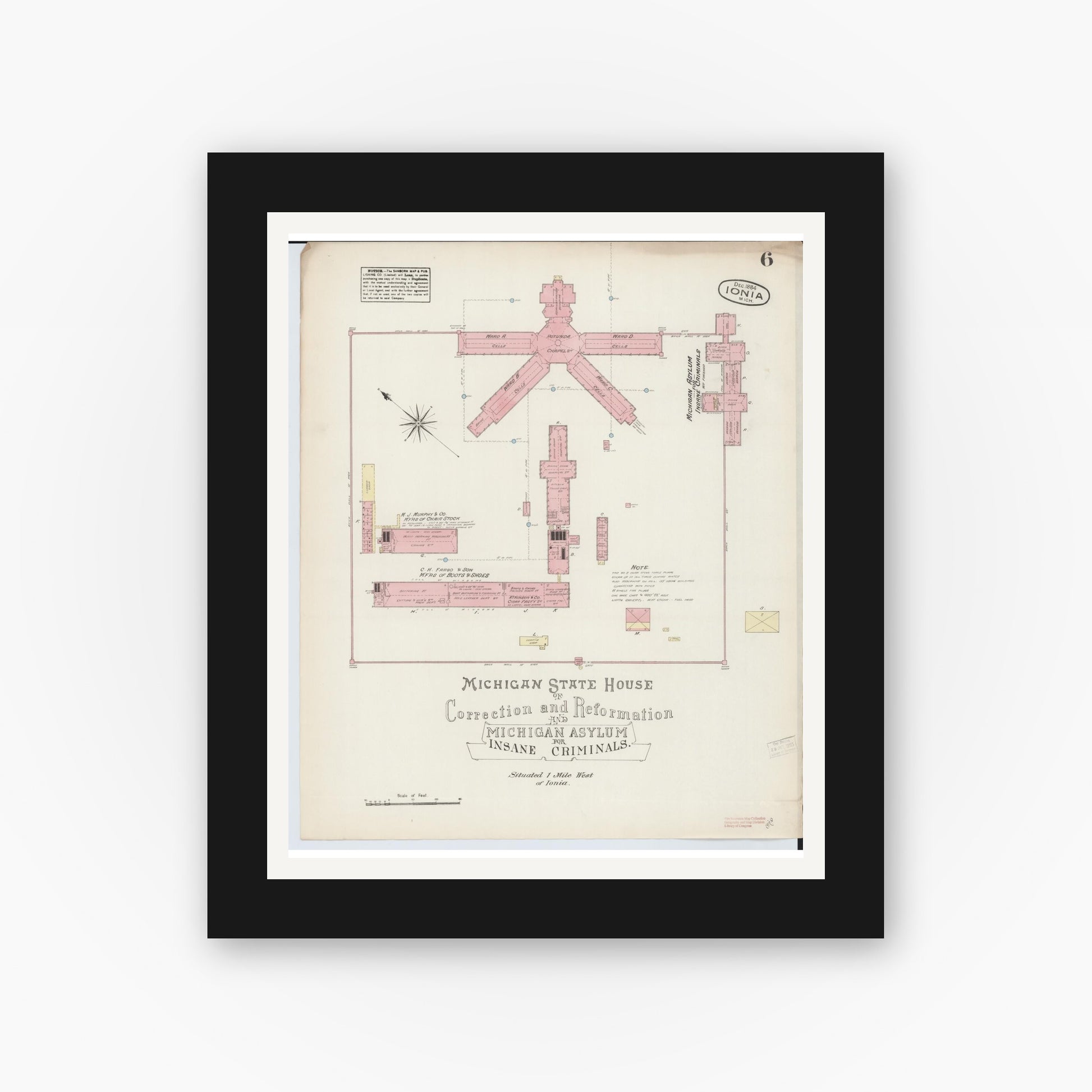 Old map wall art mockup — black gallery frame with white mat — Sanborn Fire Insurance Map from Ionia, Ionia County, Michigan (1884), Sheet #0006