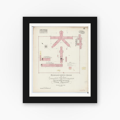 Old map wall art mockup — black gallery frame with white mat — Sanborn Fire Insurance Map from Ionia, Ionia County, Michigan (1884), Sheet #0006