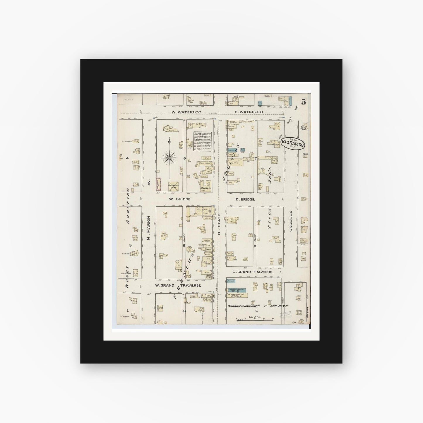 Old map wall art mockup — black gallery frame with white mat — Sanborn Fire Insurance Map from Big Rapids, Mecosta County, Michigan (1884), Sheet #0005