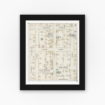 Old map wall art mockup — black gallery frame with white mat — Sanborn Fire Insurance Map from Big Rapids, Mecosta County, Michigan (1884), Sheet #0005