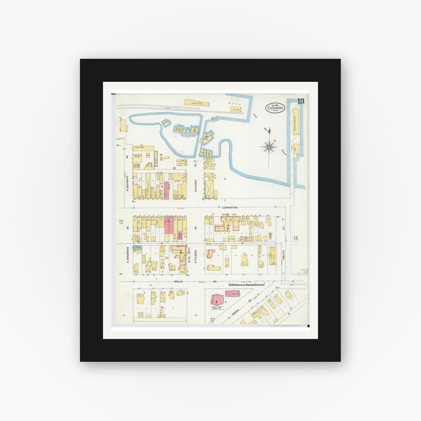 Old map wall art mockup — black gallery frame with white mat — Sanborn Fire Insurance Map from Escanaba, Delta County, Michigan (1906), Sheet #0013