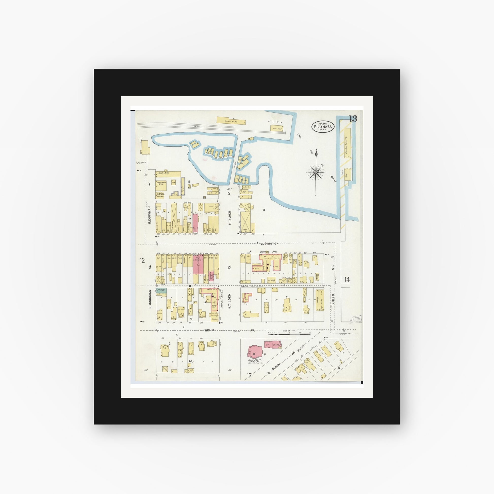 Old map wall art mockup — black gallery frame with white mat — Sanborn Fire Insurance Map from Escanaba, Delta County, Michigan (1906), Sheet #0013
