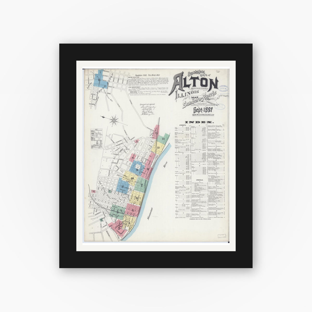 Old map wall art mockup — black gallery frame with white mat — Sanborn Fire Insurance Map from Alton, Madison County, Illinois (1897) - Complete Map Set