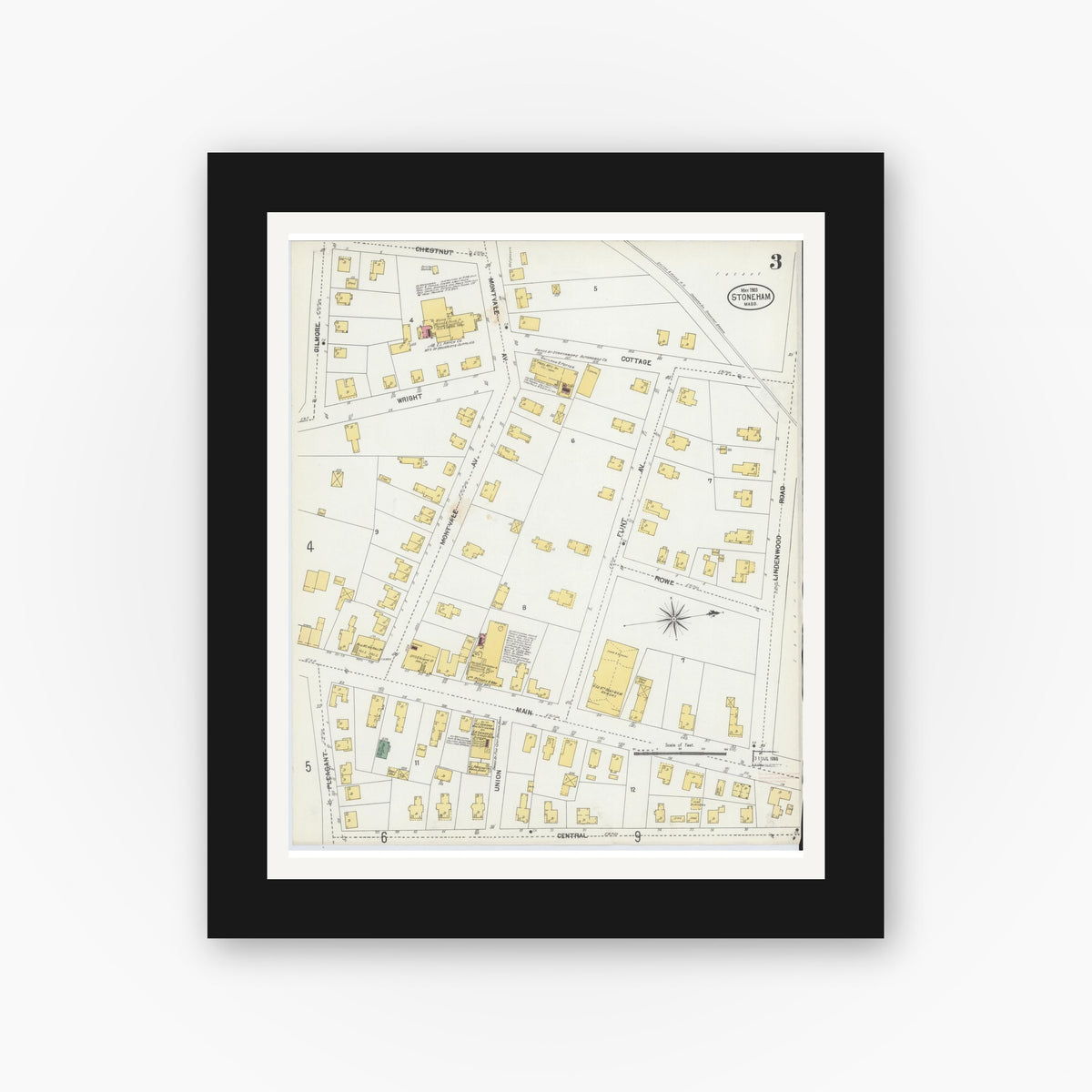 Old map wall art mockup — black gallery frame with white mat — Sanborn Fire Insurance Map from Stoneham, Middlesex County, Massachusetts (1903), Sheet #0003