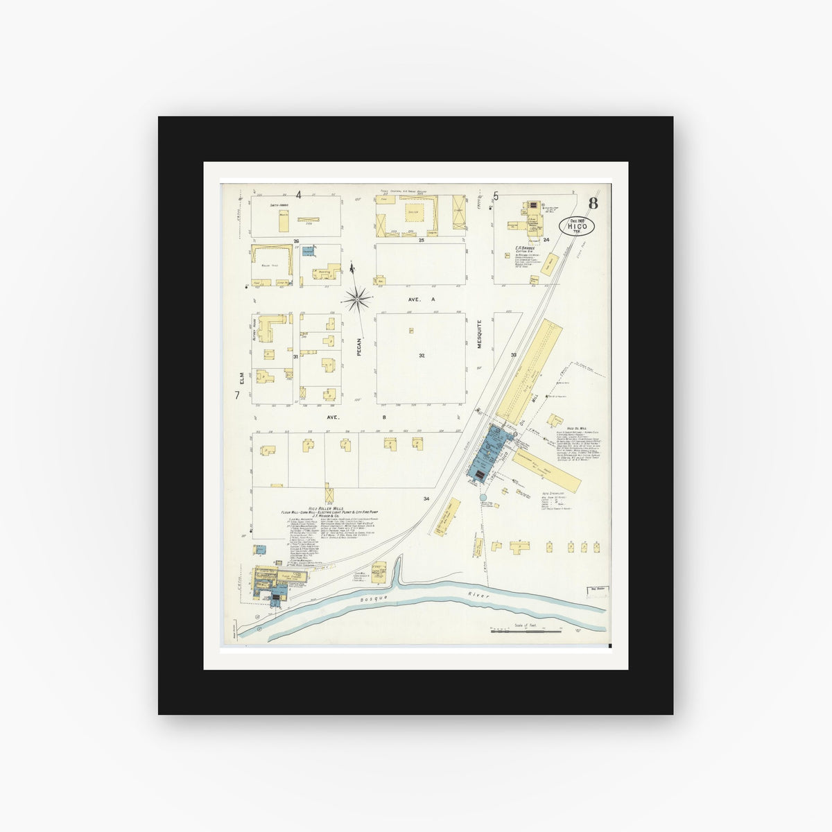 Old map wall art mockup — black gallery frame with white mat — Sanborn Fire Insurance Map from Hico, Hamilton County, Texas (1907), Sheet #0008